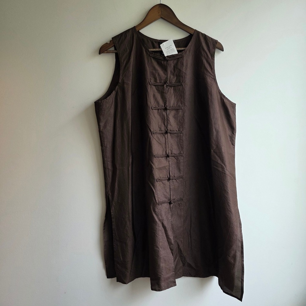 Eileen Fisher XL Silk Crinkle Frog Button Tunic Top Brown Sleeveless Mandarin